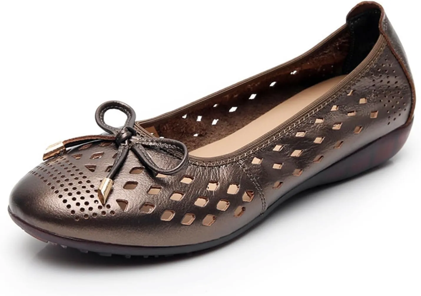 Women's Pointed Toe Bowknot Sandals Hollow Out Breathable Low Chunky Heel Elegant Flat Shoes Casual Slip On Closed Toe Sweet Loafers for Work Nurse Driving