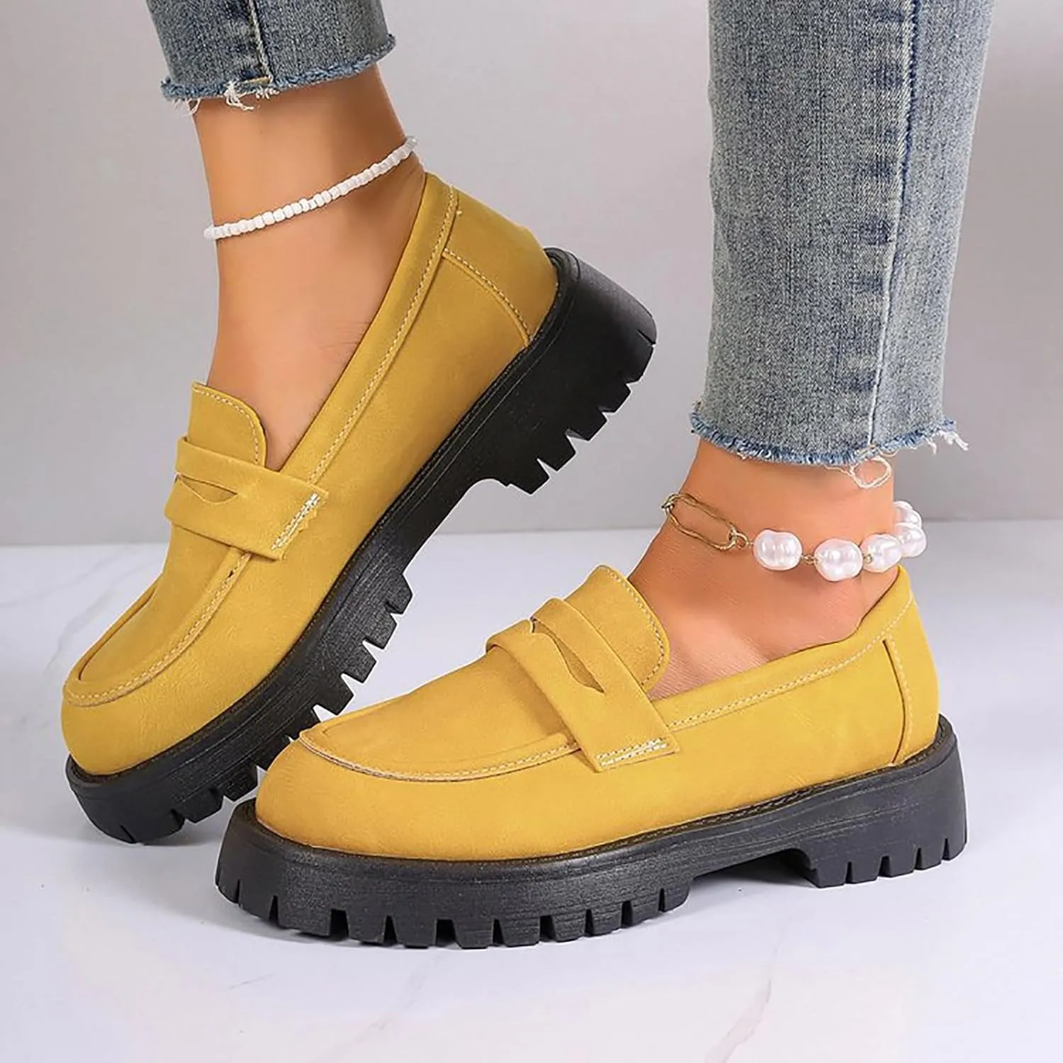 Women's PU Penny Loafers,Lug Sole Slip On Platform Chunky Heel Loafers Shoes Dressy Business Casual Shoes
