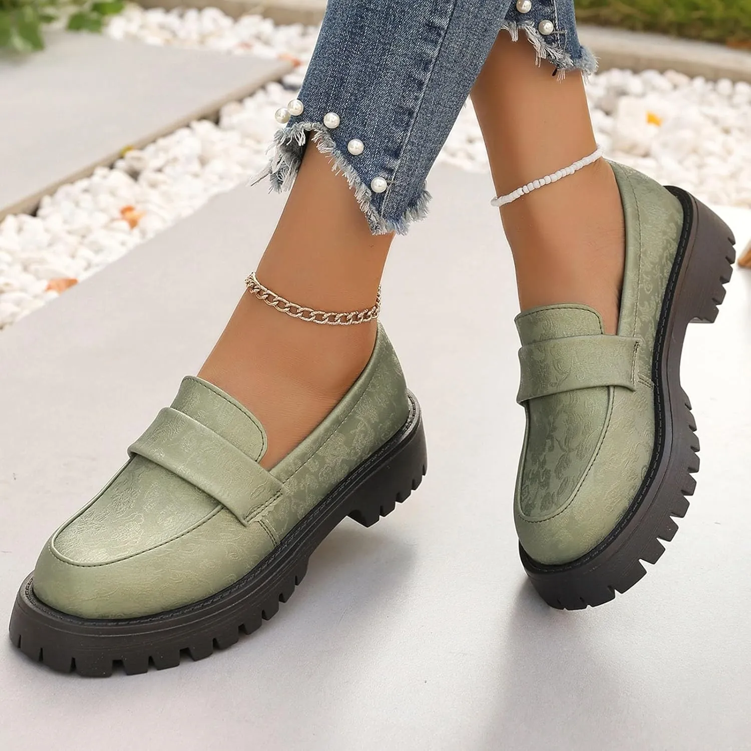 Women's PU Penny Loafers,Lug Sole Slip On Platform Chunky Heel Loafers Shoes Dressy Business Casual Shoes