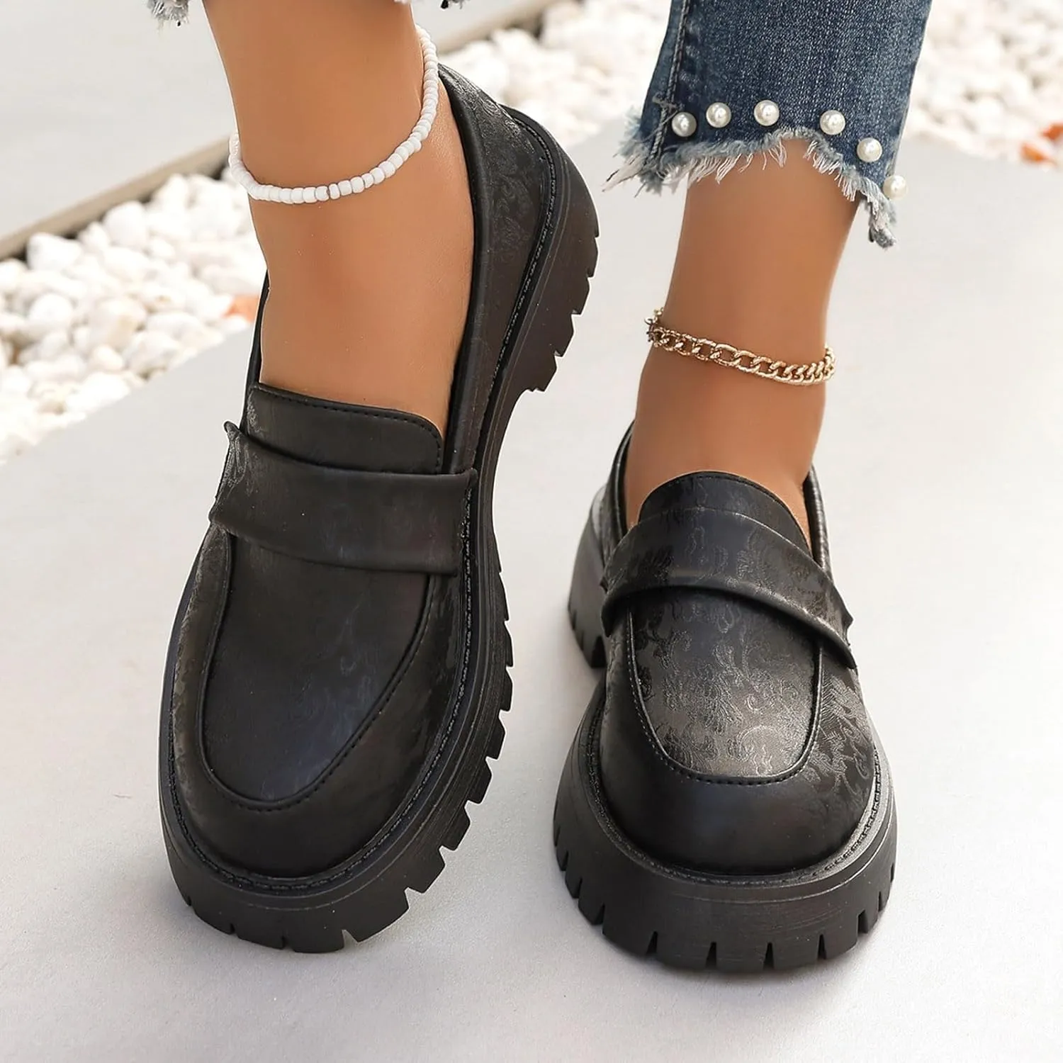 Women's PU Penny Loafers,Lug Sole Slip On Platform Chunky Heel Loafers Shoes Dressy Business Casual Shoes