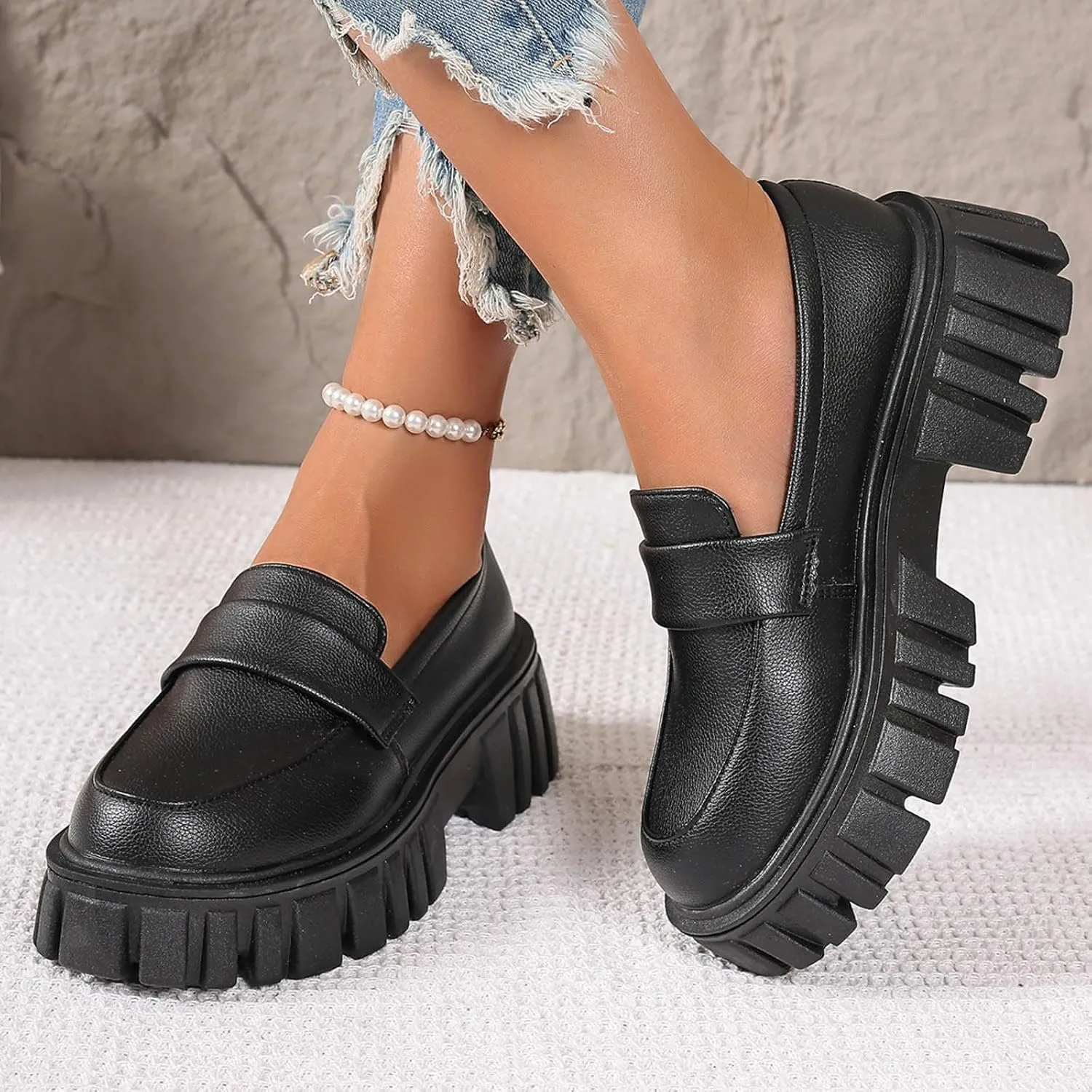 Women's PU Penny Loafers,Lug Sole Slip On Platform Chunky Heel Loafers Shoes Dressy Business Casual Shoes