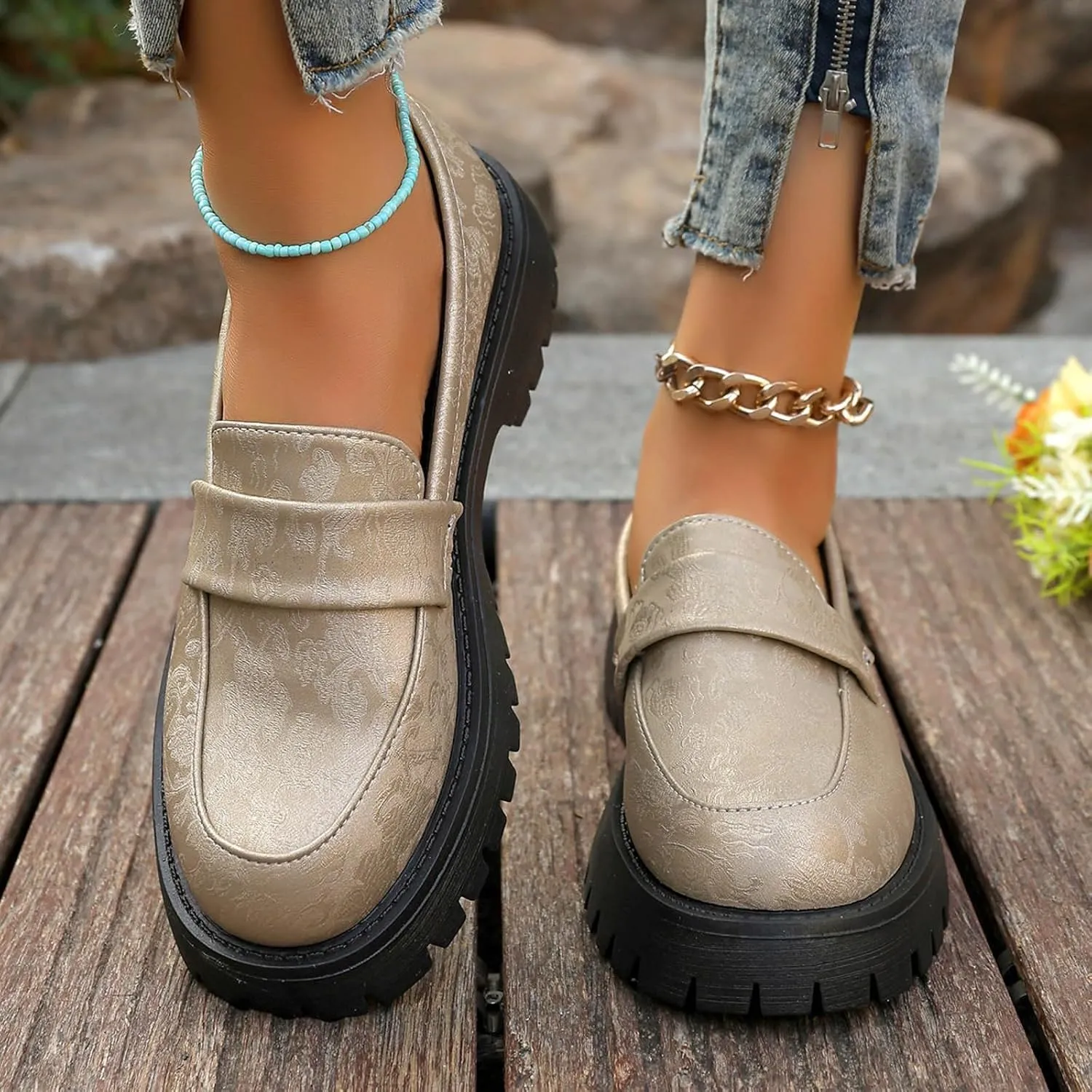 Women's PU Penny Loafers,Lug Sole Slip On Platform Chunky Heel Loafers Shoes Dressy Business Casual Shoes