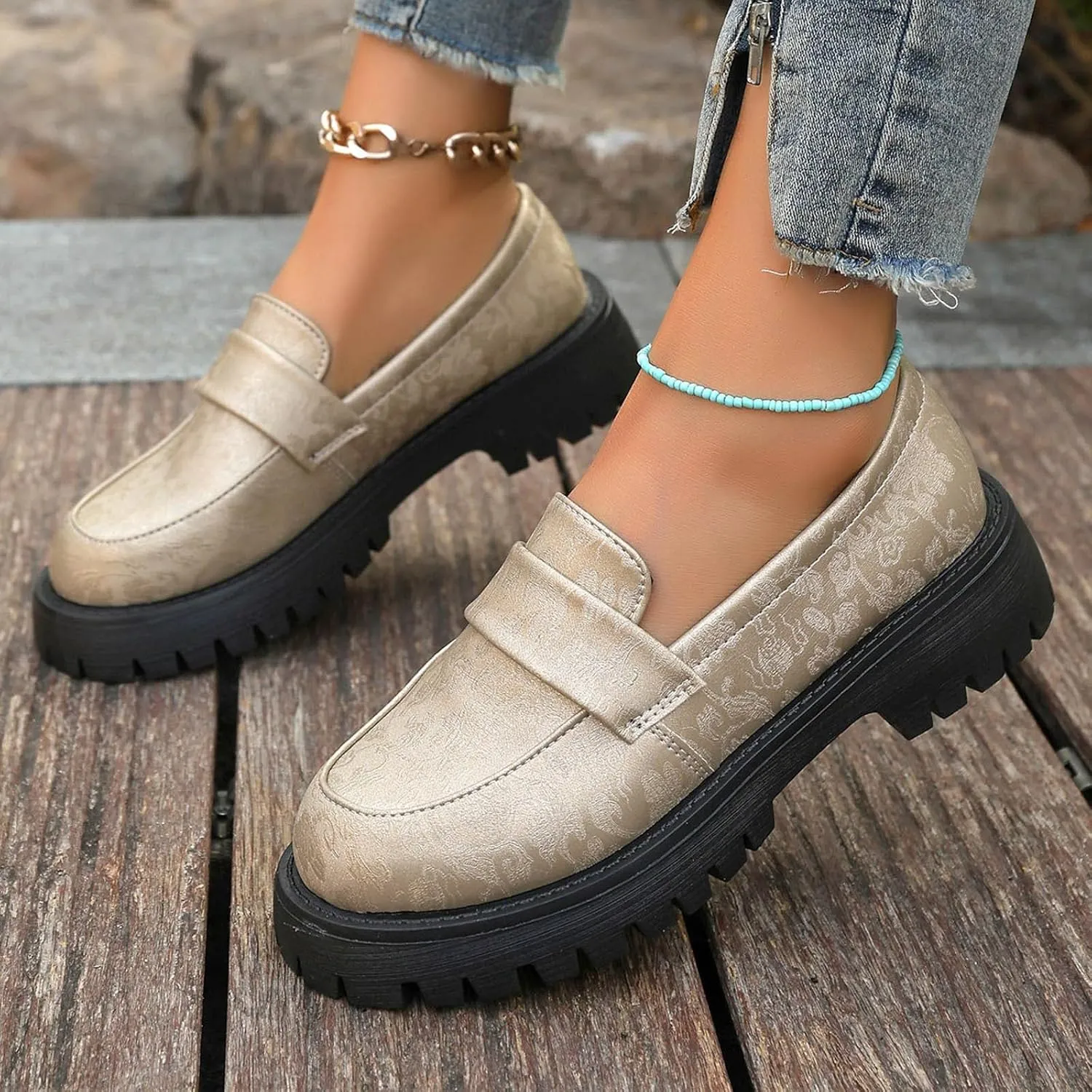 Women's PU Penny Loafers,Lug Sole Slip On Platform Chunky Heel Loafers Shoes Dressy Business Casual Shoes