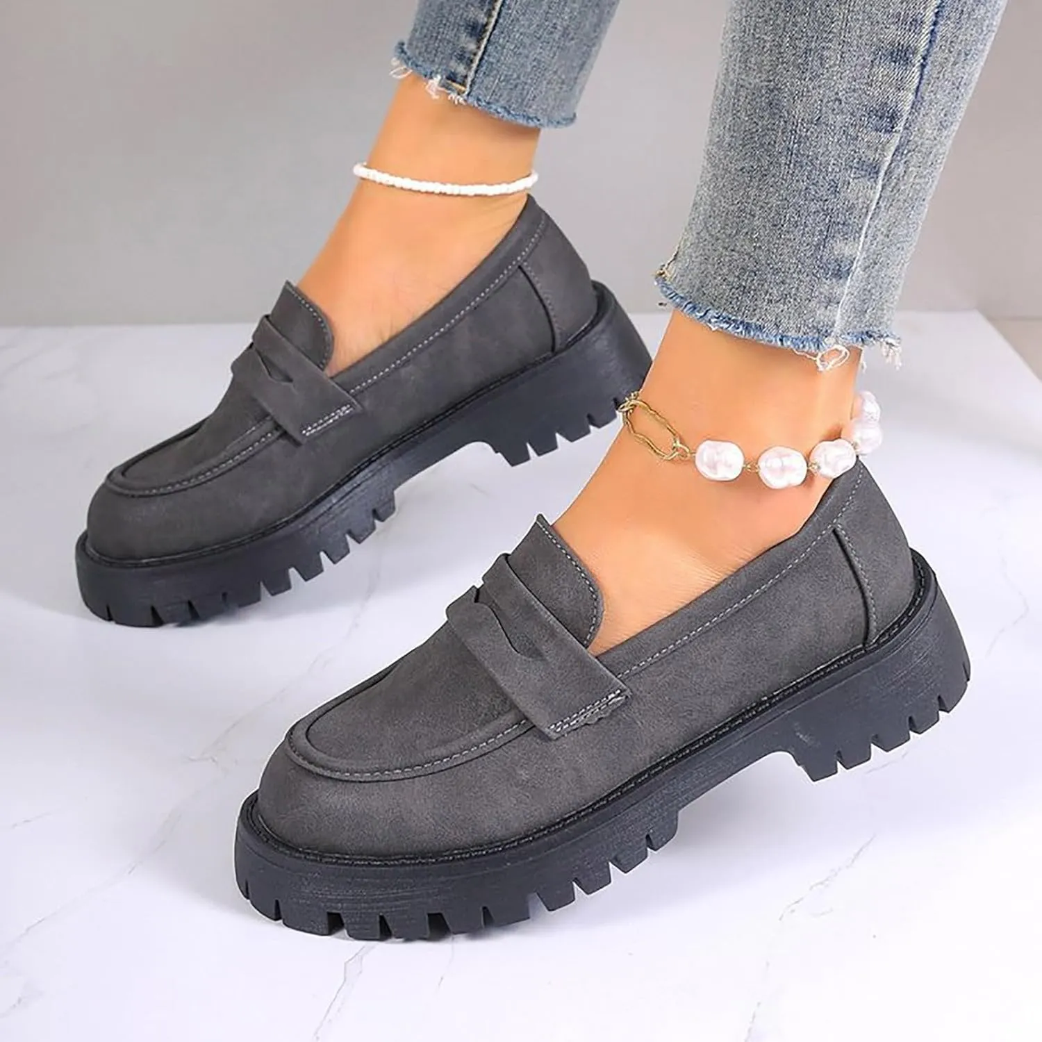 Women's PU Penny Loafers,Lug Sole Slip On Platform Chunky Heel Loafers Shoes Dressy Business Casual Shoes