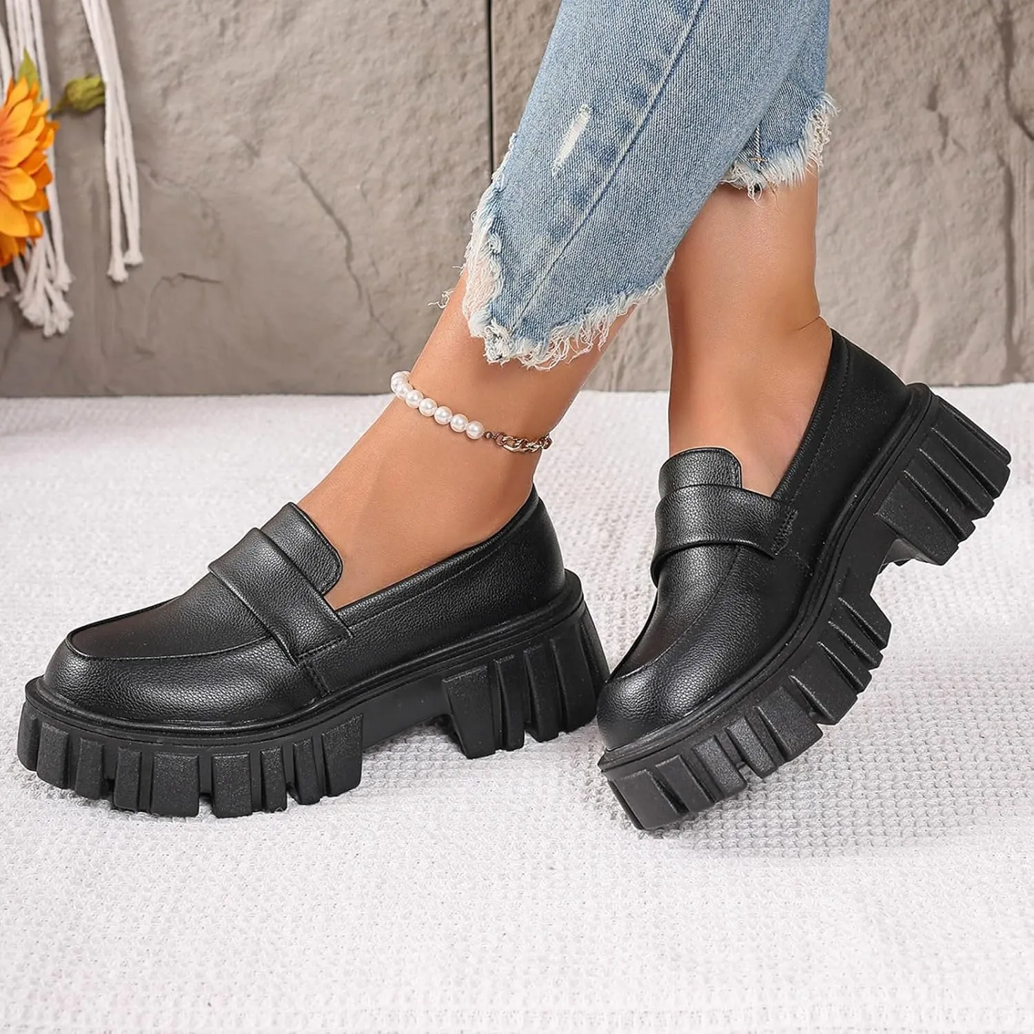 Women's PU Penny Loafers,Lug Sole Slip On Platform Chunky Heel Loafers Shoes Dressy Business Casual Shoes