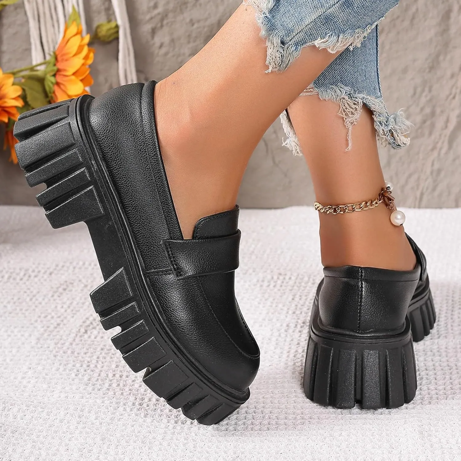Women's PU Penny Loafers,Lug Sole Slip On Platform Chunky Heel Loafers Shoes Dressy Business Casual Shoes