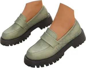 Women's PU Penny Loafers,Lug Sole Slip On Platform Chunky Heel Loafers Shoes Dressy Business Casual Shoes