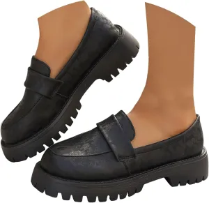 Women's PU Penny Loafers,Lug Sole Slip On Platform Chunky Heel Loafers Shoes Dressy Business Casual Shoes