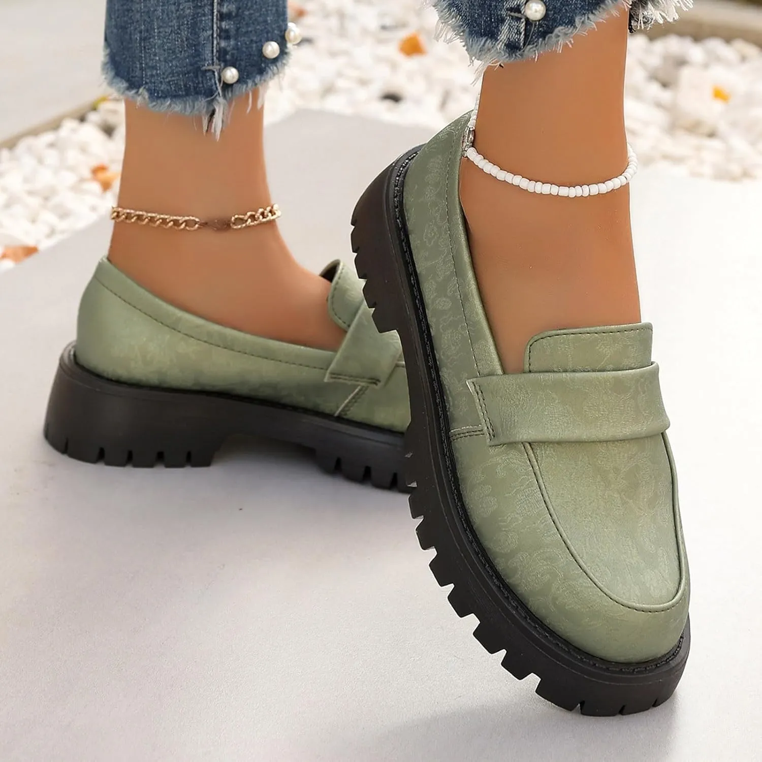 Women's PU Penny Loafers,Lug Sole Slip On Platform Chunky Heel Loafers Shoes Dressy Business Casual Shoes