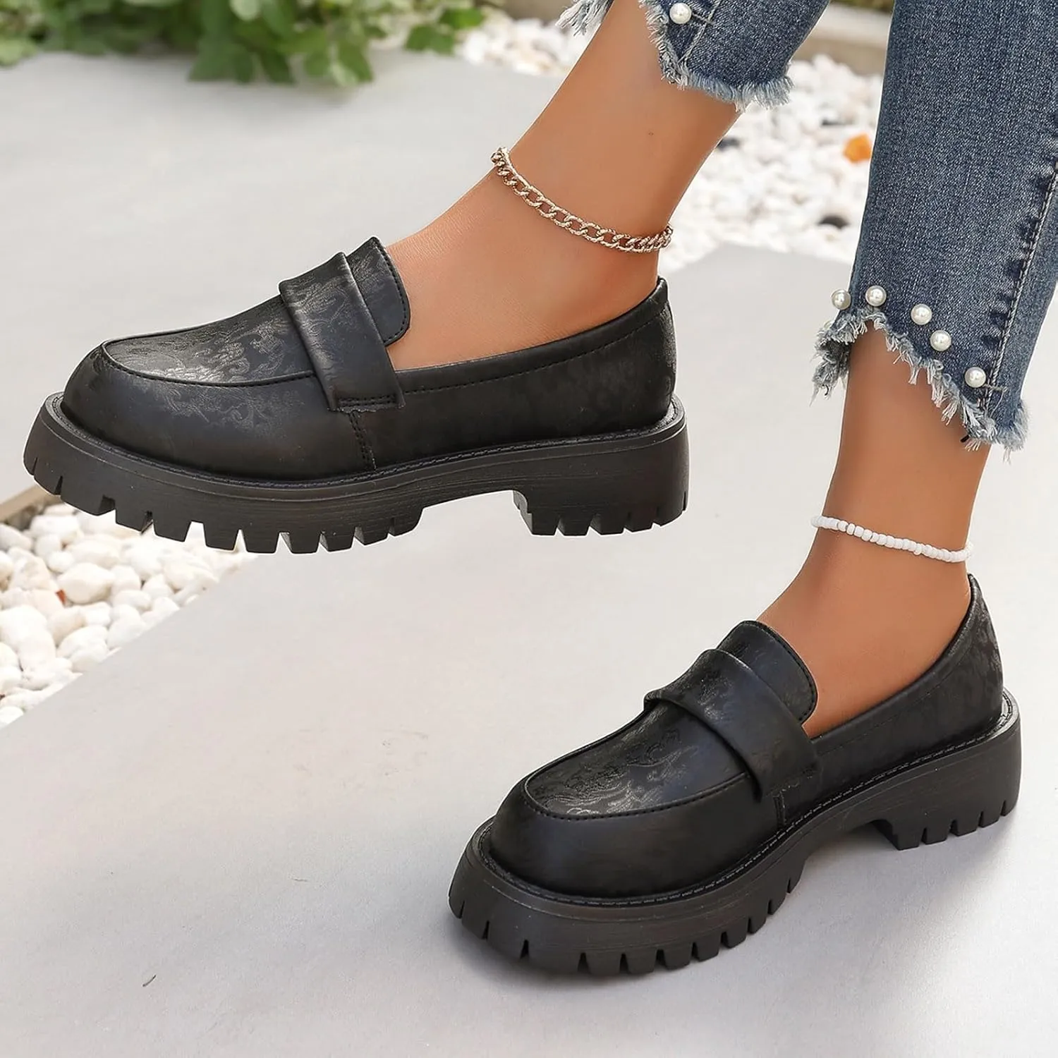 Women's PU Penny Loafers,Lug Sole Slip On Platform Chunky Heel Loafers Shoes Dressy Business Casual Shoes