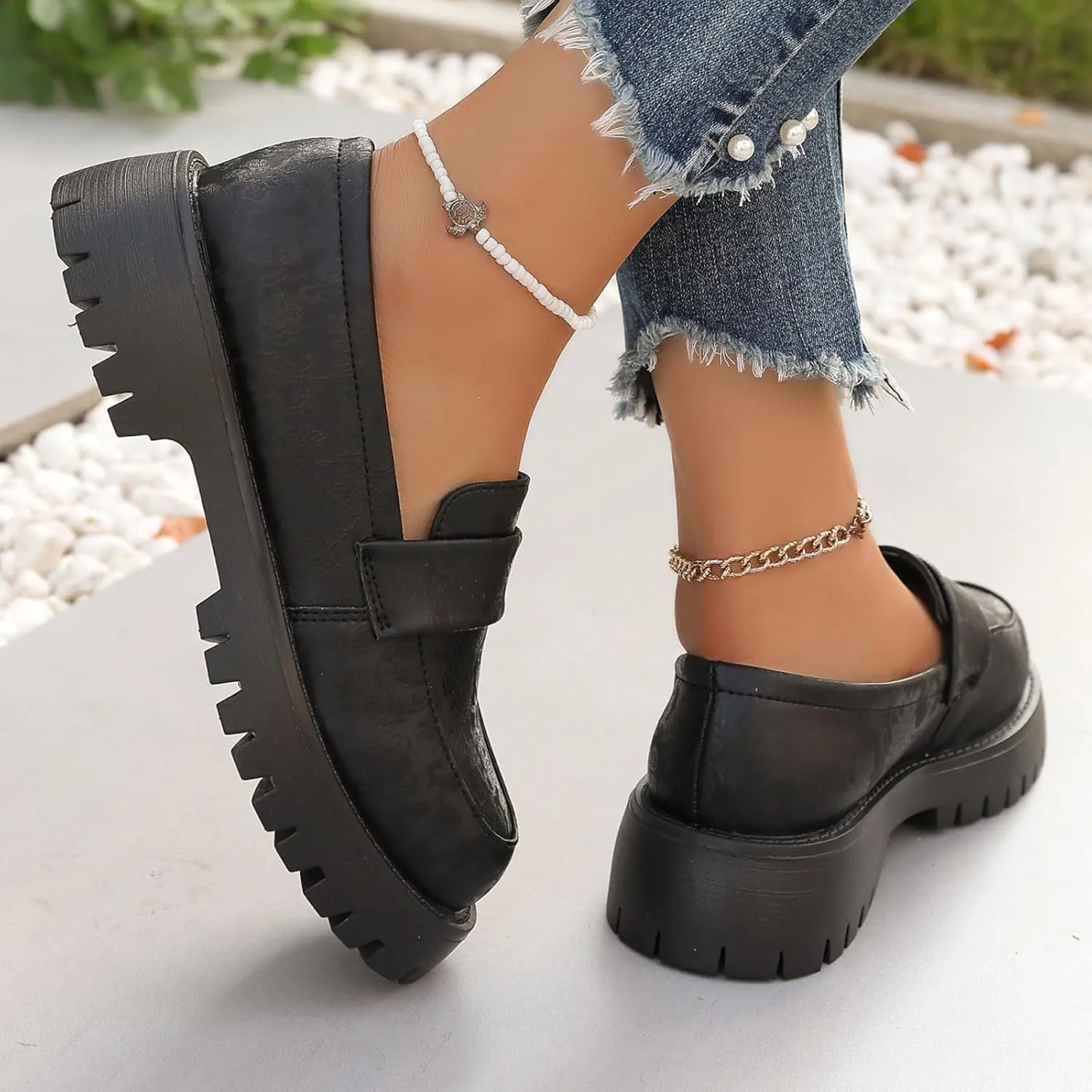 Women's PU Penny Loafers,Lug Sole Slip On Platform Chunky Heel Loafers Shoes Dressy Business Casual Shoes