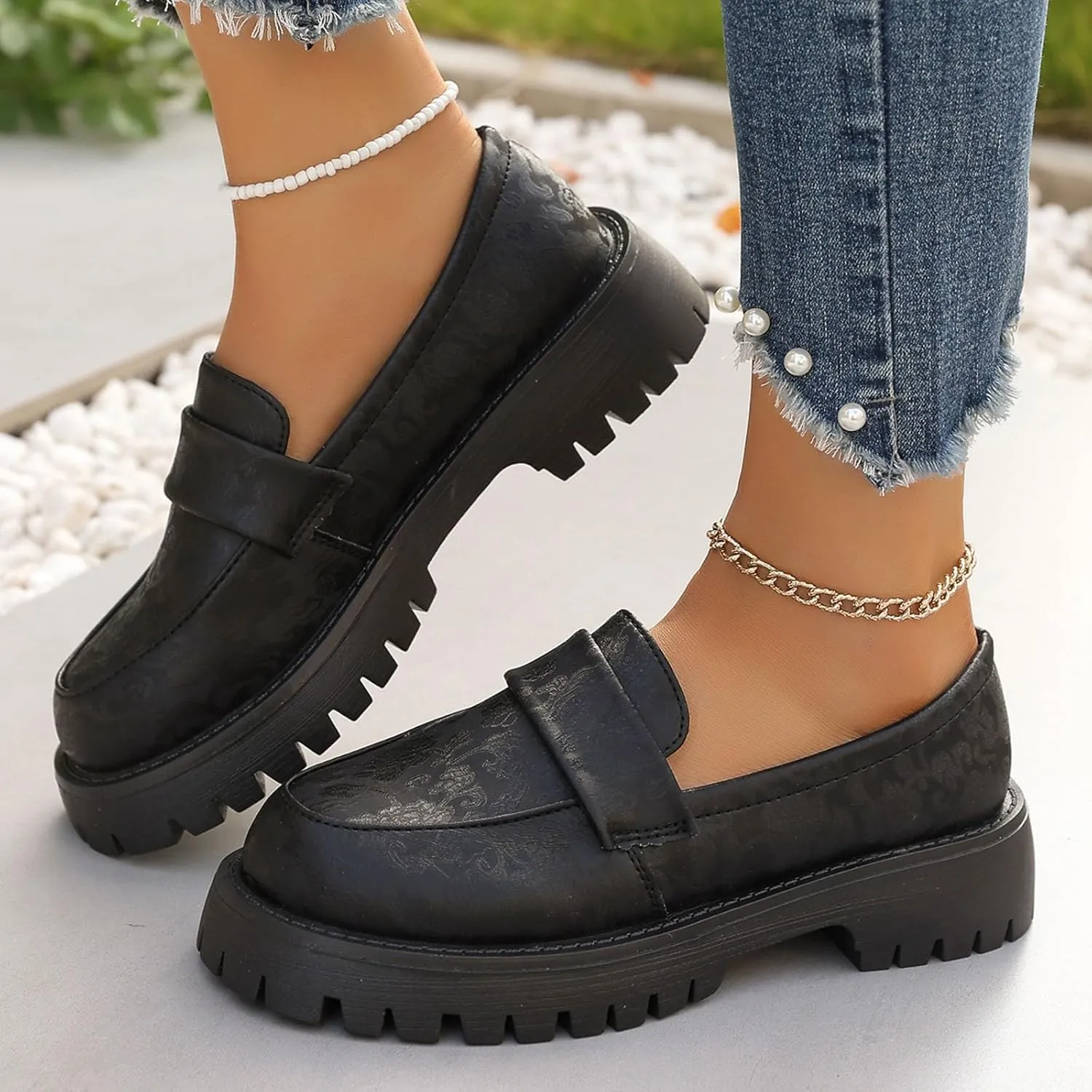 Women's PU Penny Loafers,Lug Sole Slip On Platform Chunky Heel Loafers Shoes Dressy Business Casual Shoes