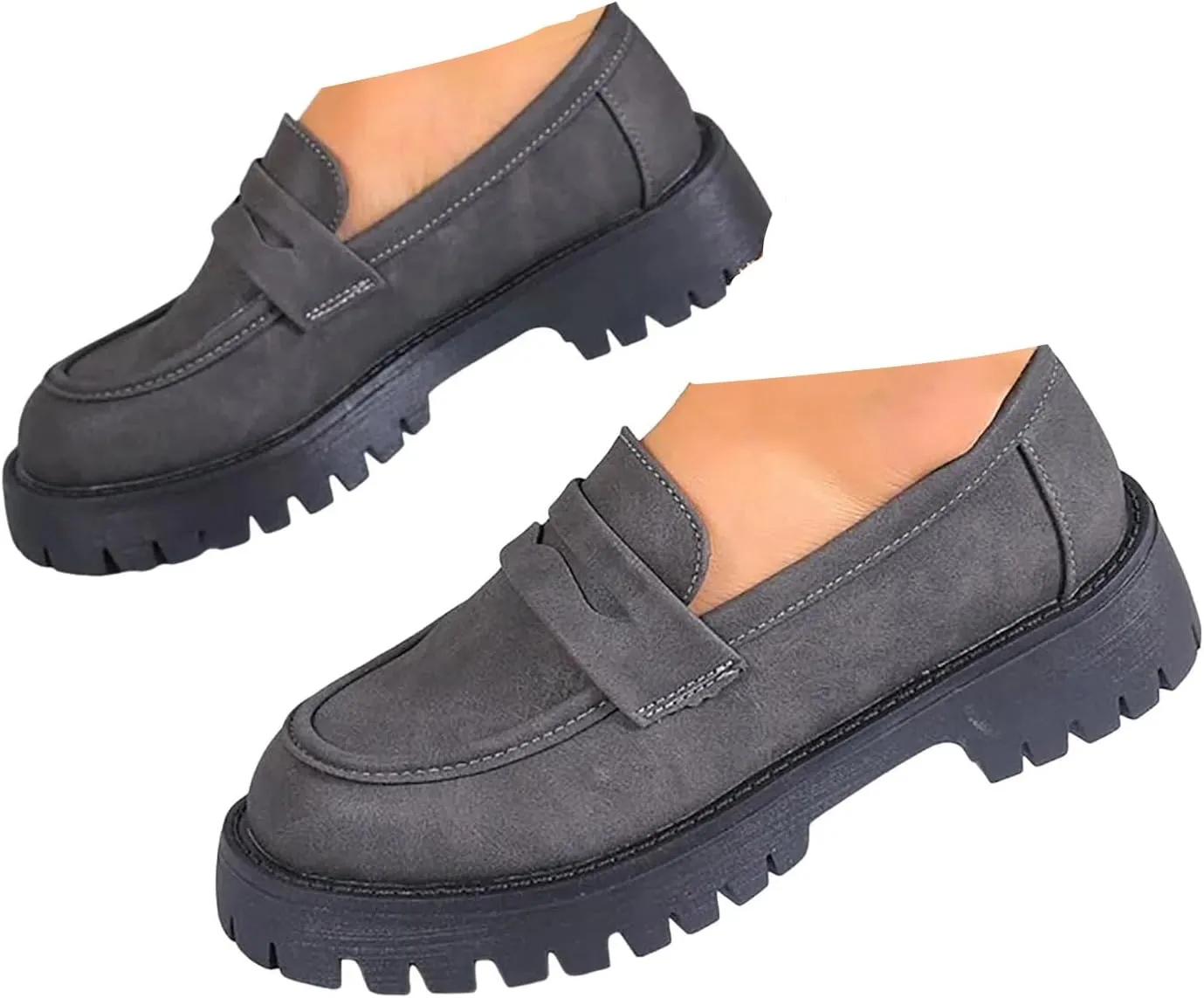 Women's PU Penny Loafers,Lug Sole Slip On Platform Chunky Heel Loafers Shoes Dressy Business Casual Shoes