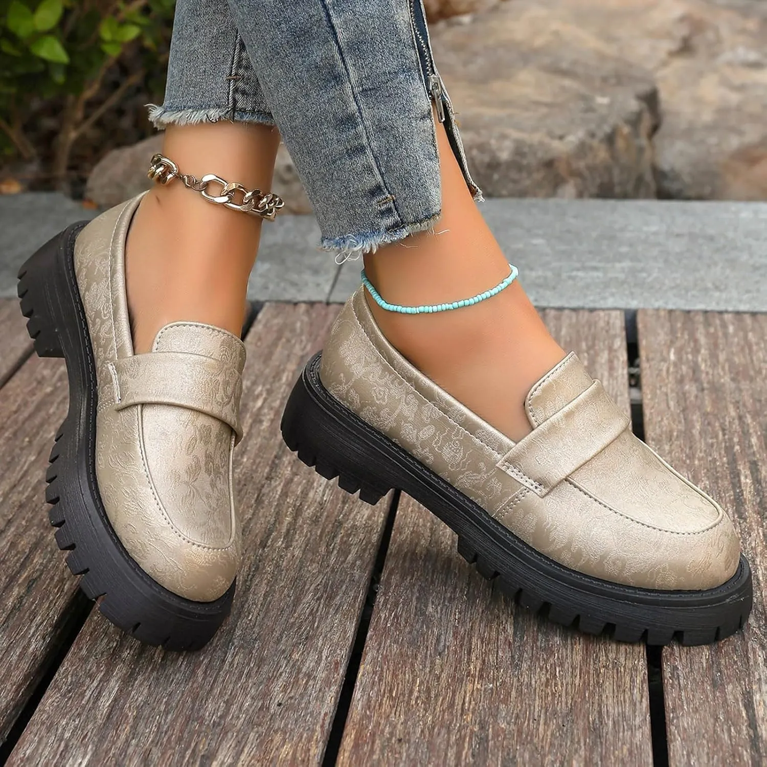 Women's PU Penny Loafers,Lug Sole Slip On Platform Chunky Heel Loafers Shoes Dressy Business Casual Shoes