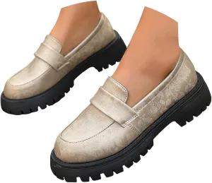 Women's PU Penny Loafers,Lug Sole Slip On Platform Chunky Heel Loafers Shoes Dressy Business Casual Shoes