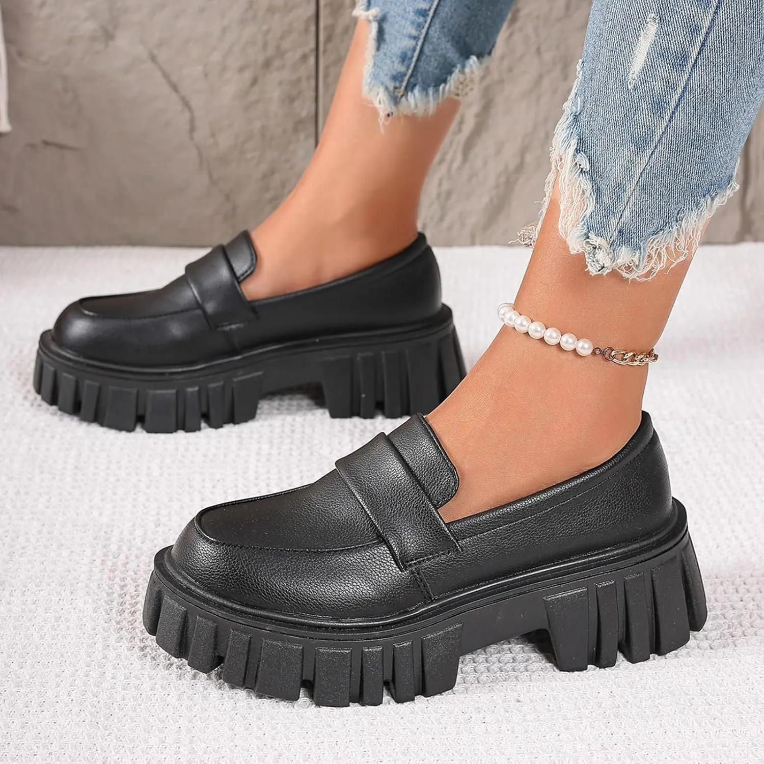 Women's PU Penny Loafers,Lug Sole Slip On Platform Chunky Heel Loafers Shoes Dressy Business Casual Shoes
