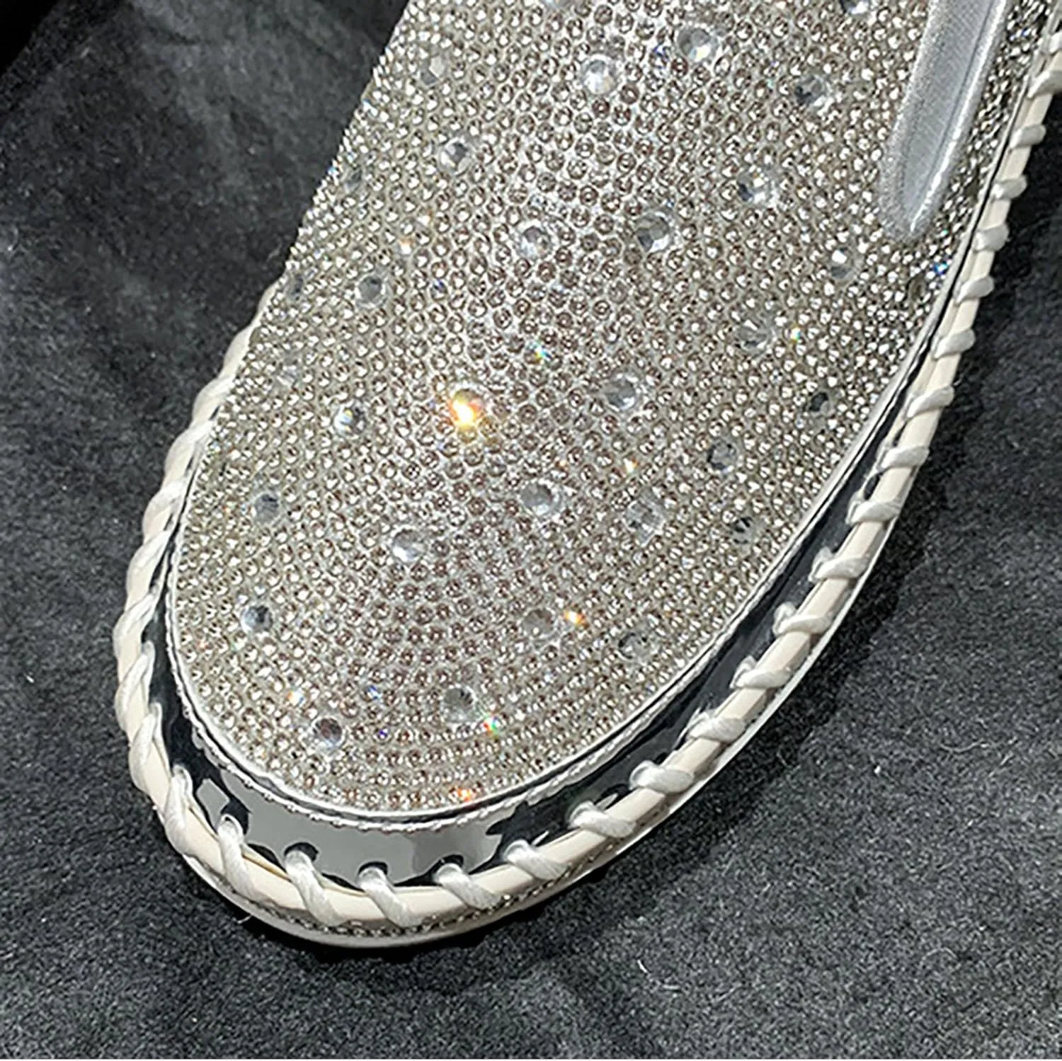 Women's Rhinestone Loafers Soft Thick Bottom Sparkly Banquet Shoes Cushioned Slip-On Ballet Flat High Top Skate Shoe