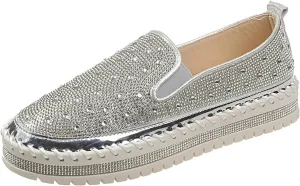 Women's Rhinestone Loafers Soft Thick Bottom Sparkly Banquet Shoes Cushioned Slip-On Ballet Flat High Top Skate Shoe