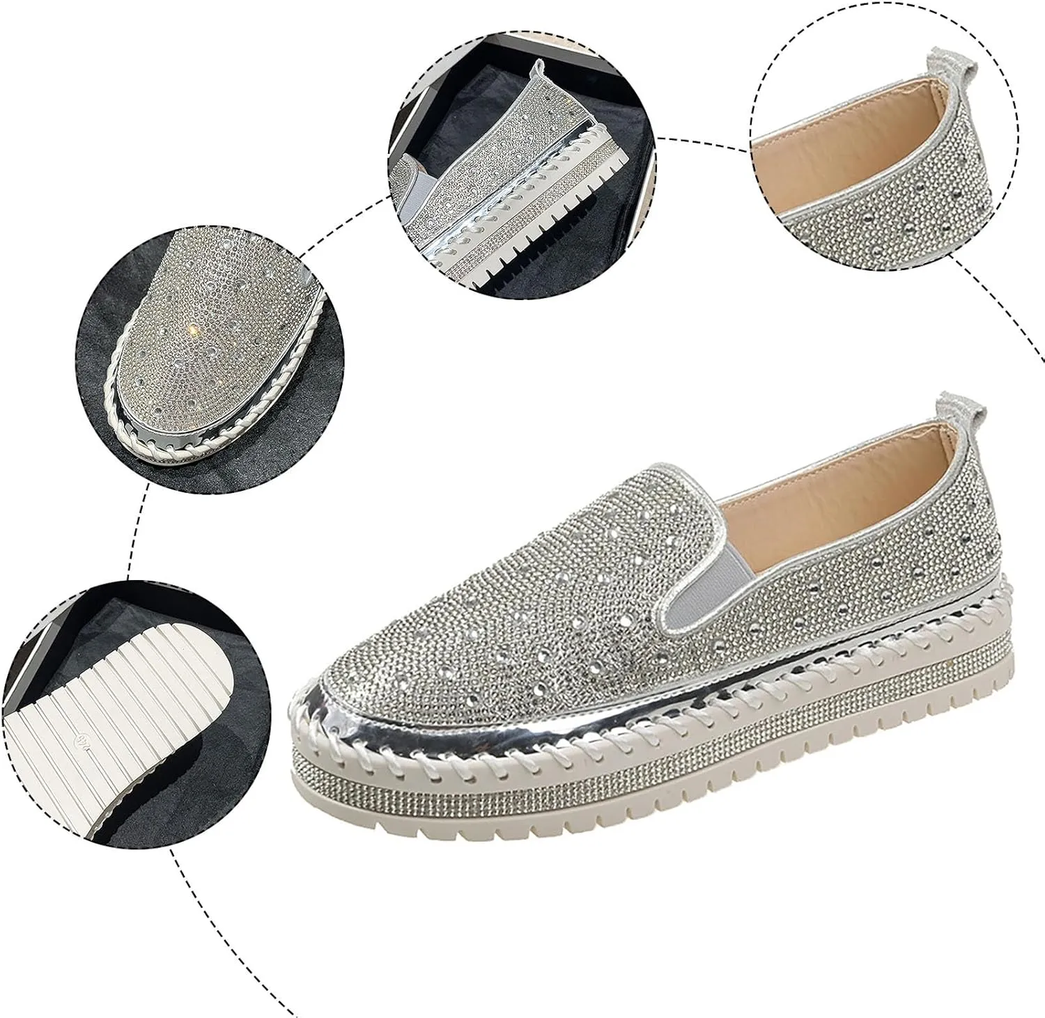 Women's Rhinestone Loafers Soft Thick Bottom Sparkly Banquet Shoes Cushioned Slip-On Ballet Flat High Top Skate Shoe