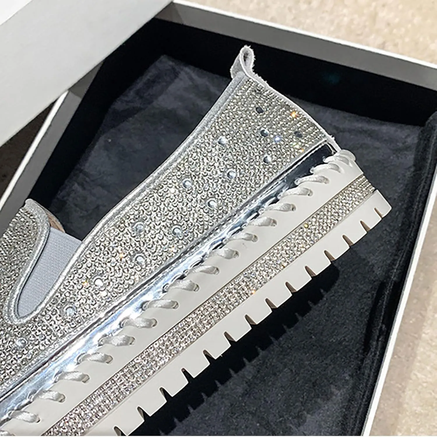 Women's Rhinestone Loafers Soft Thick Bottom Sparkly Banquet Shoes Cushioned Slip-On Ballet Flat High Top Skate Shoe