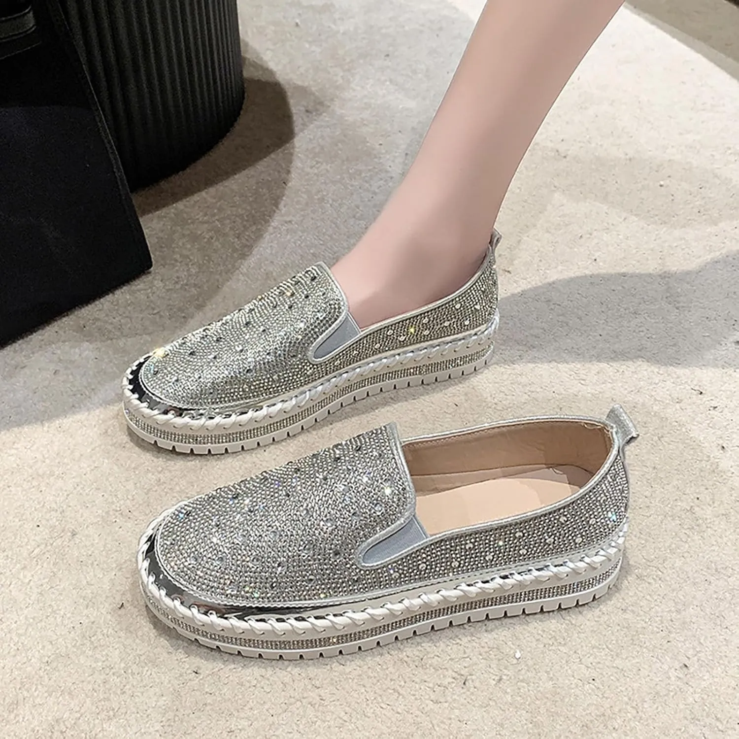 Women's Rhinestone Loafers Soft Thick Bottom Sparkly Banquet Shoes Cushioned Slip-On Ballet Flat High Top Skate Shoe