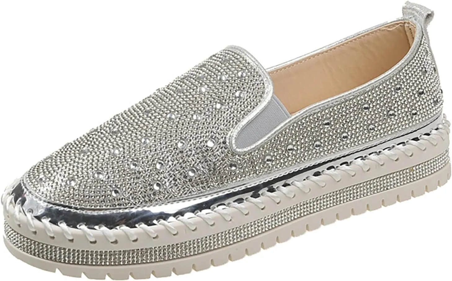 Women's Rhinestone Loafers Soft Thick Bottom Sparkly Banquet Shoes Cushioned Slip-On Ballet Flat High Top Skate Shoe
