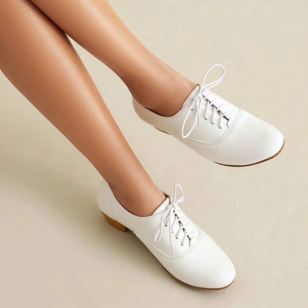 Women's Round Toe Chunky High Heels Oxford Shoes Solid Lace Up Wingtip Brogues Saddle Shoes