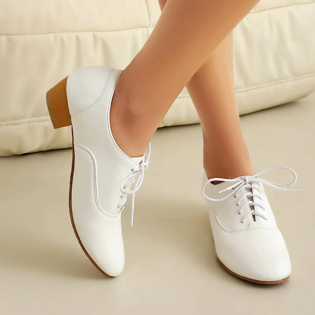 Women's Round Toe Chunky High Heels Oxford Shoes Solid Lace Up Wingtip Brogues Saddle Shoes