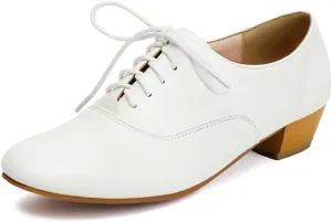 Women's Round Toe Chunky High Heels Oxford Shoes Solid Lace Up Wingtip Brogues Saddle Shoes