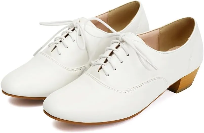 Women's Round Toe Chunky High Heels Oxford Shoes Solid Lace Up Wingtip Brogues Saddle Shoes