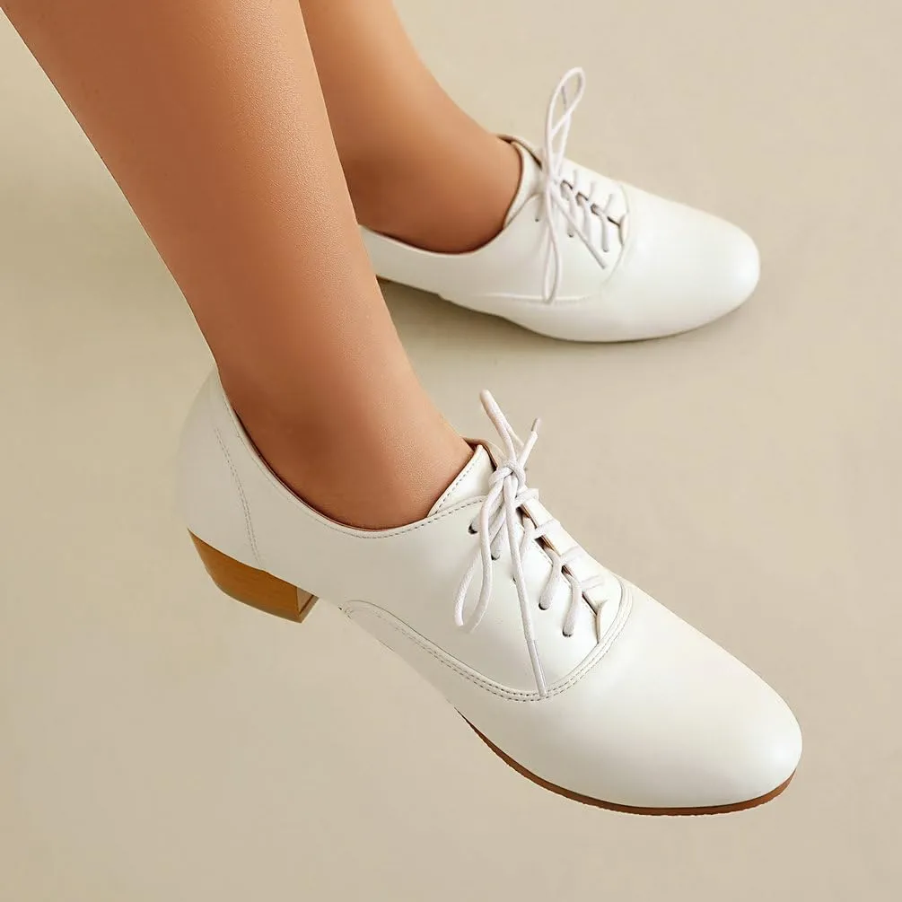 Women's Round Toe Chunky High Heels Oxford Shoes Solid Lace Up Wingtip Brogues Saddle Shoes