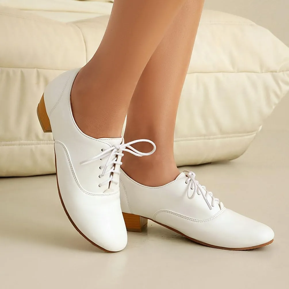 Women's Round Toe Chunky High Heels Oxford Shoes Solid Lace Up Wingtip Brogues Saddle Shoes