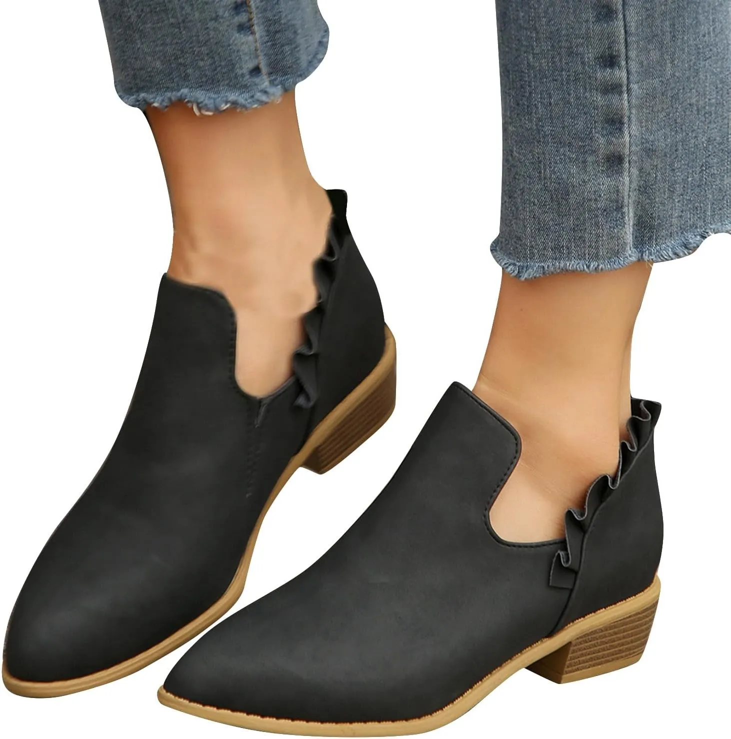 Womens Ruffled Ankle Boots V Cut Out Pointed Toe Chunky Low Heel Dressy Western Booties, Ladies Daily Footwear