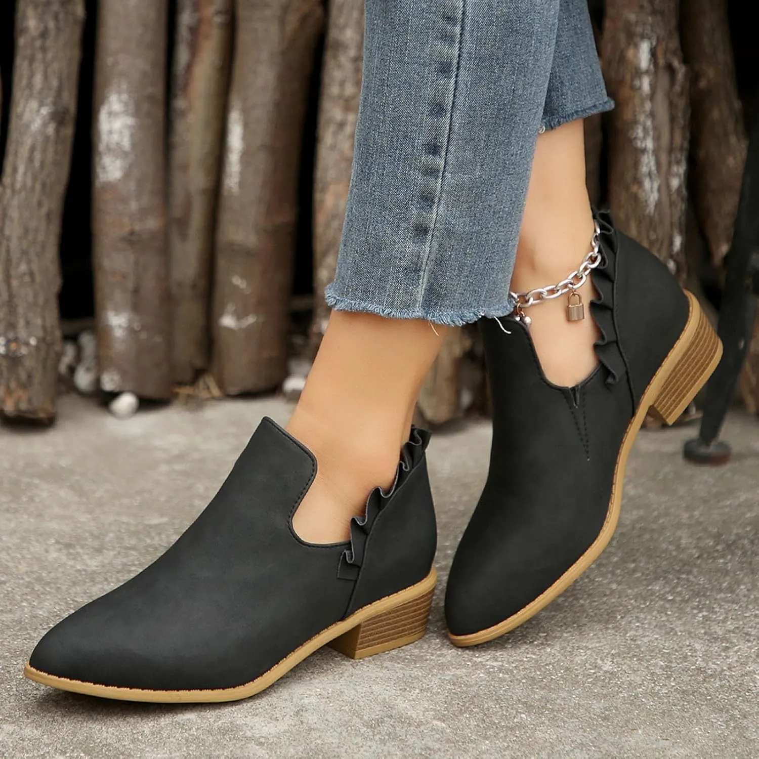 Womens Ruffled Ankle Boots V Cut Out Pointed Toe Chunky Low Heel Dressy Western Booties, Ladies Daily Footwear