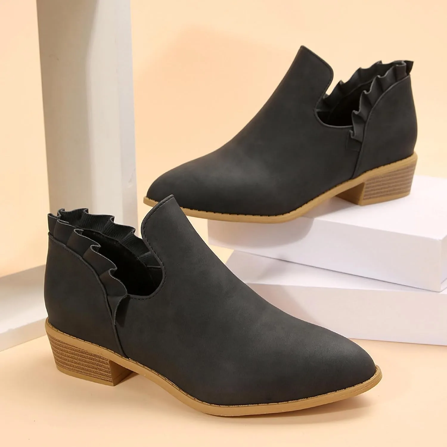 Womens Ruffled Ankle Boots V Cut Out Pointed Toe Chunky Low Heel Dressy Western Booties, Ladies Daily Footwear