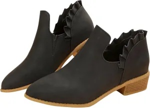 Womens Ruffled Ankle Boots V Cut Out Pointed Toe Chunky Low Heel Dressy Western Booties, Ladies Daily Footwear