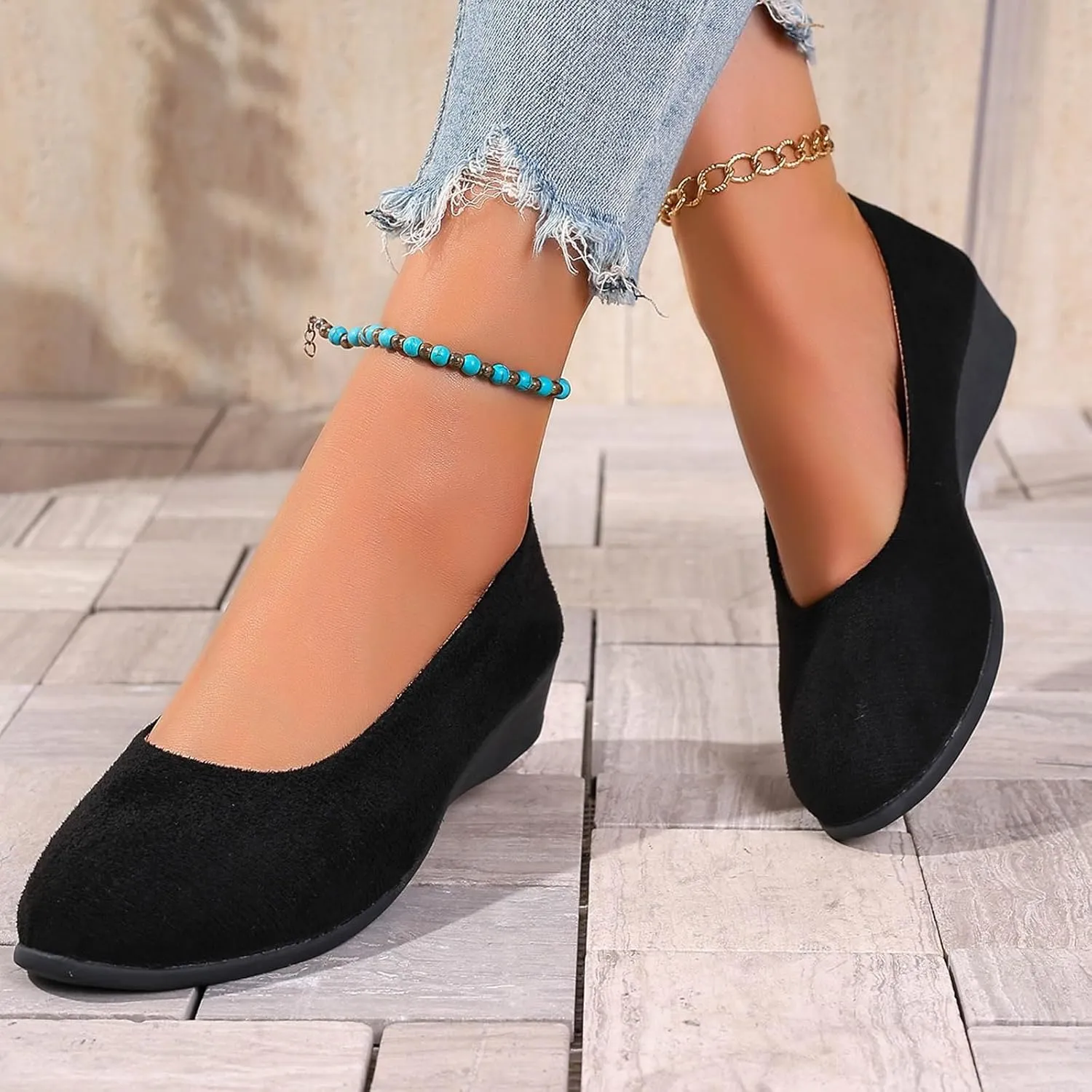 Women's Shoes Faux Suede Round Toe Ballet Dressy Comfortable Slip On Walking Shoes Summer Lady Sandal Heel