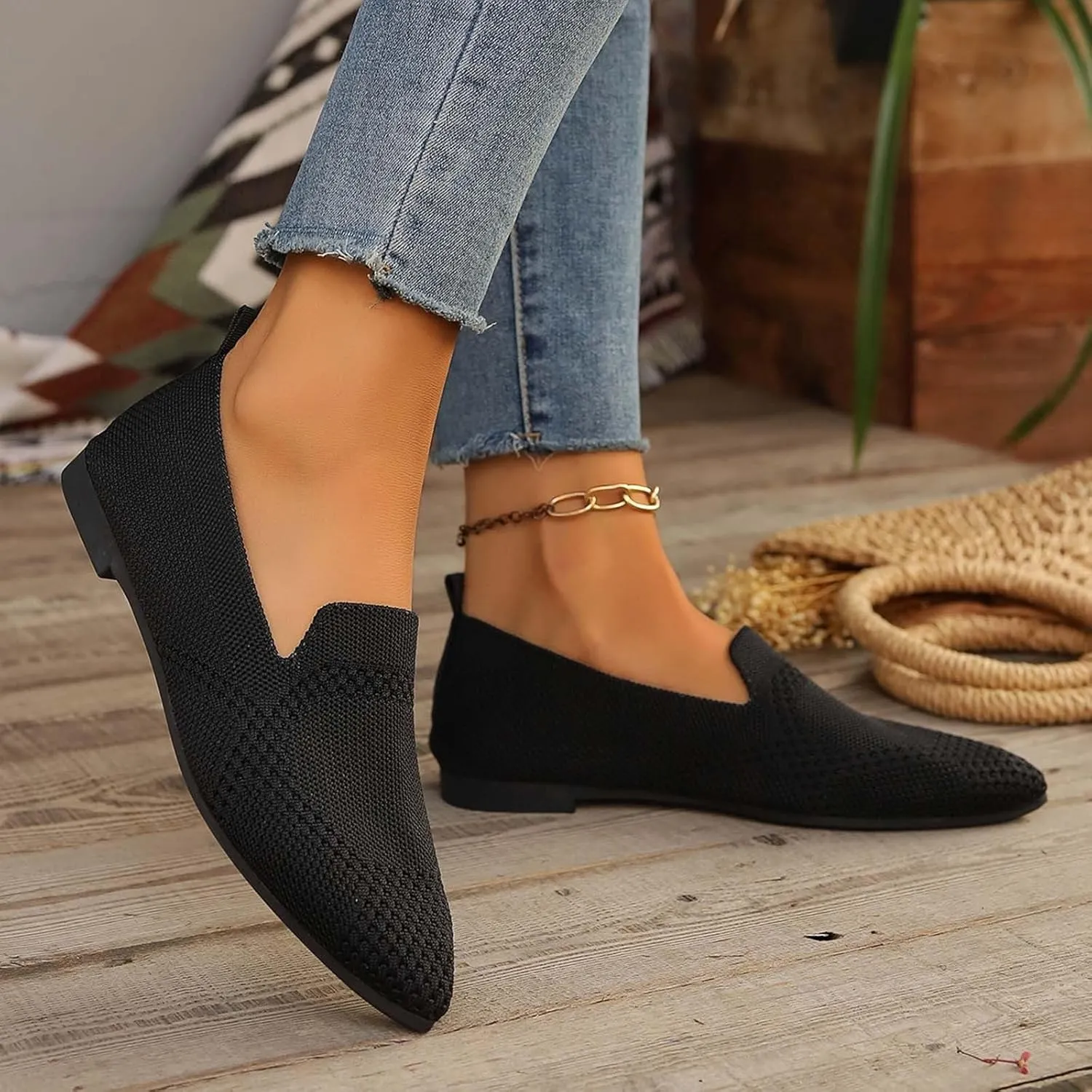 Women's Slip On Ballet Women's Flat Shoes Low Top Pointed Toe Loafers Breathable Solid Shoes Comfortable Sol and Sol Men