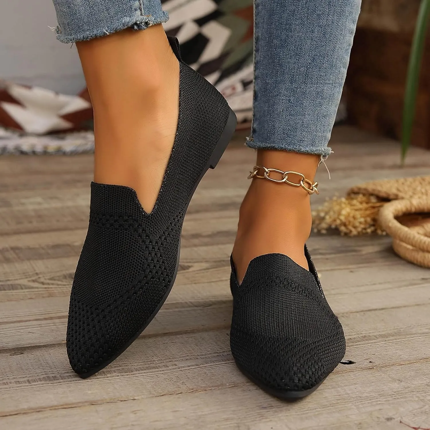 Women's Slip On Ballet Women's Flat Shoes Low Top Pointed Toe Loafers Breathable Solid Shoes Comfortable Sol and Sol Men