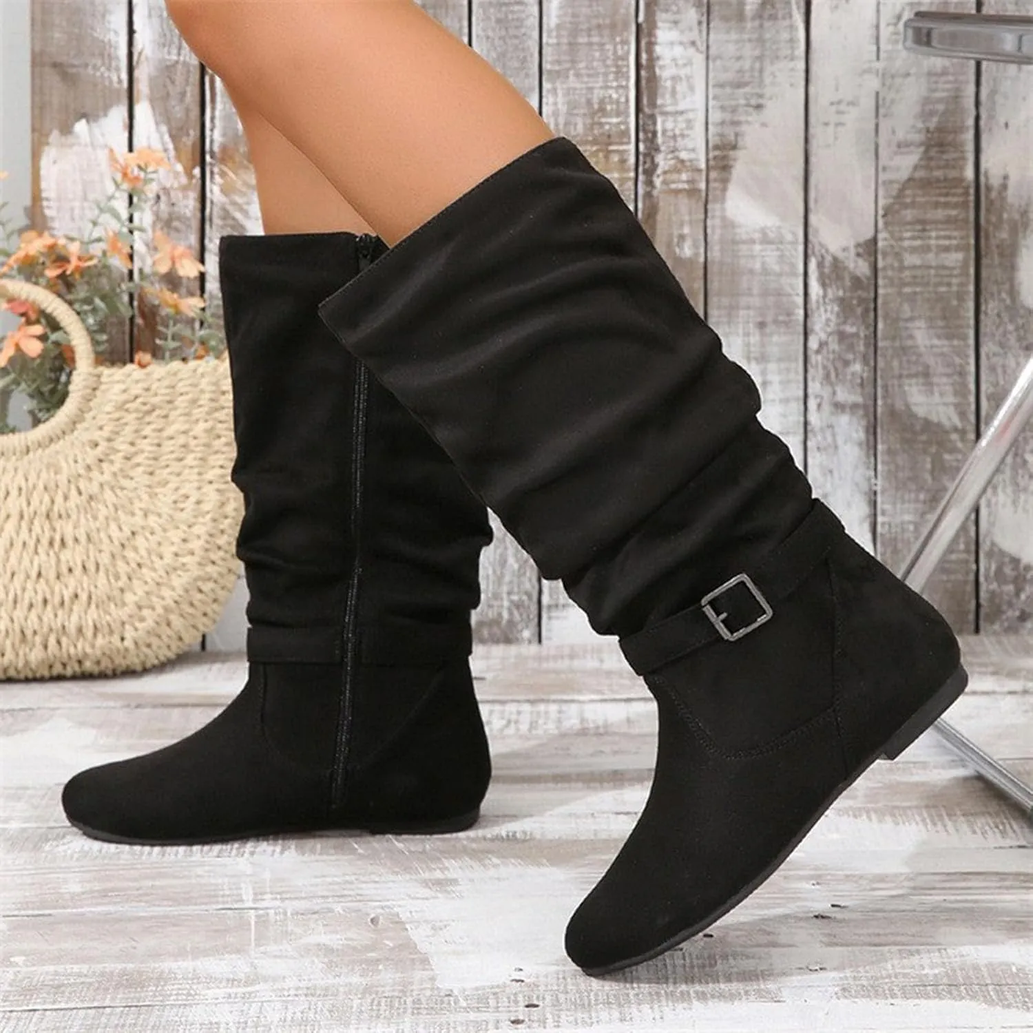 Women's Slouchy Mid Calf Boots Zip up Flat Boots Pointed Toe Faux Suede Knee High Boots Comfortable Pull On Fall Weather Boots Metal Buckle Calf Boot Fashion Long Boots with Metal Buckle