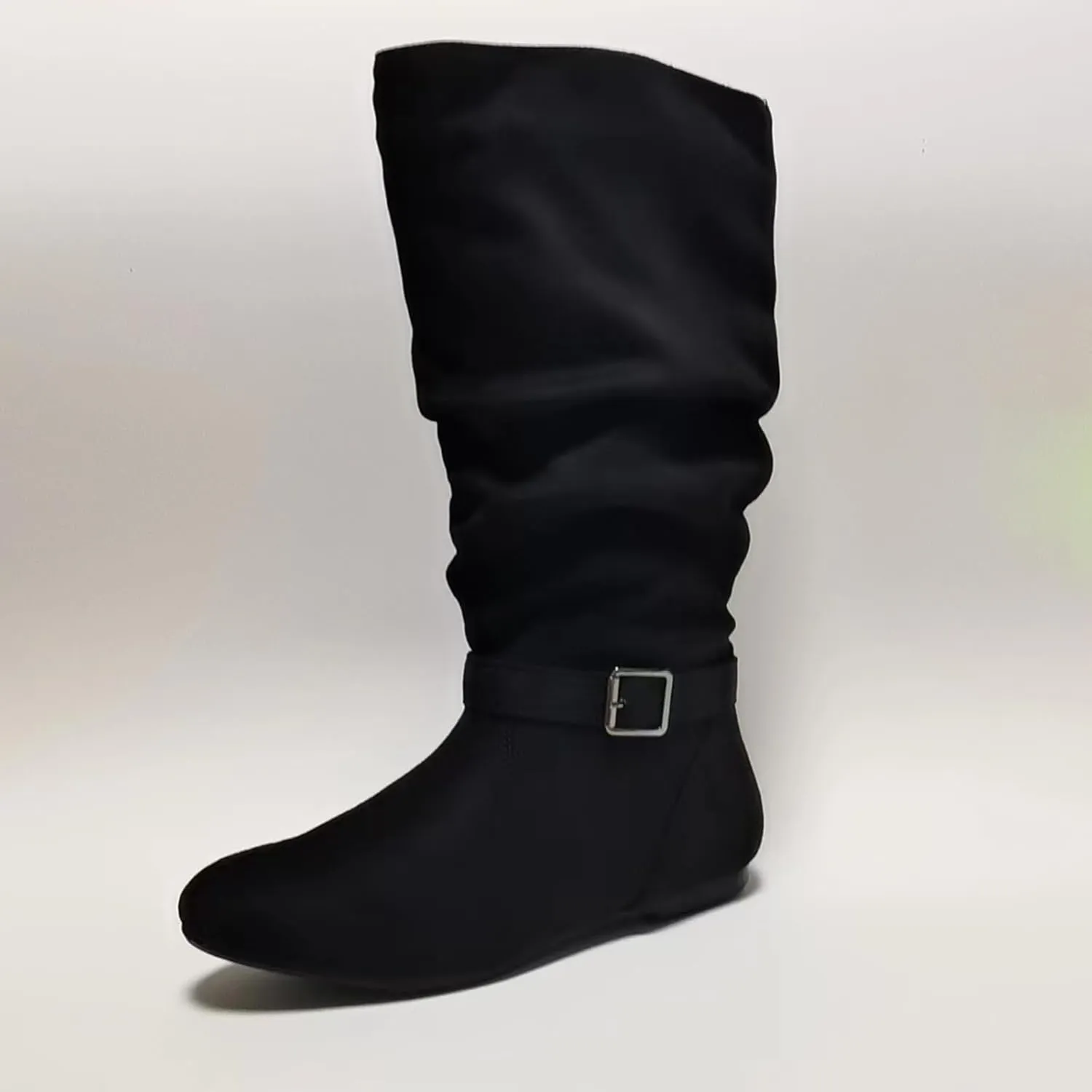 Women's Slouchy Mid Calf Boots Zip up Flat Boots Pointed Toe Faux Suede Knee High Boots Comfortable Pull On Fall Weather Boots Metal Buckle Calf Boot Fashion Long Boots with Metal Buckle