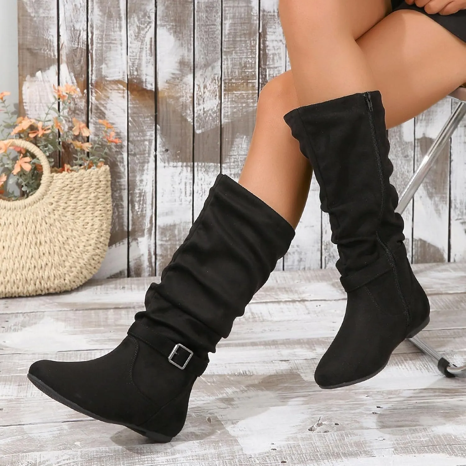 Women's Slouchy Mid Calf Boots Zip up Flat Boots Pointed Toe Faux Suede Knee High Boots Comfortable Pull On Fall Weather Boots Metal Buckle Calf Boot Fashion Long Boots with Metal Buckle