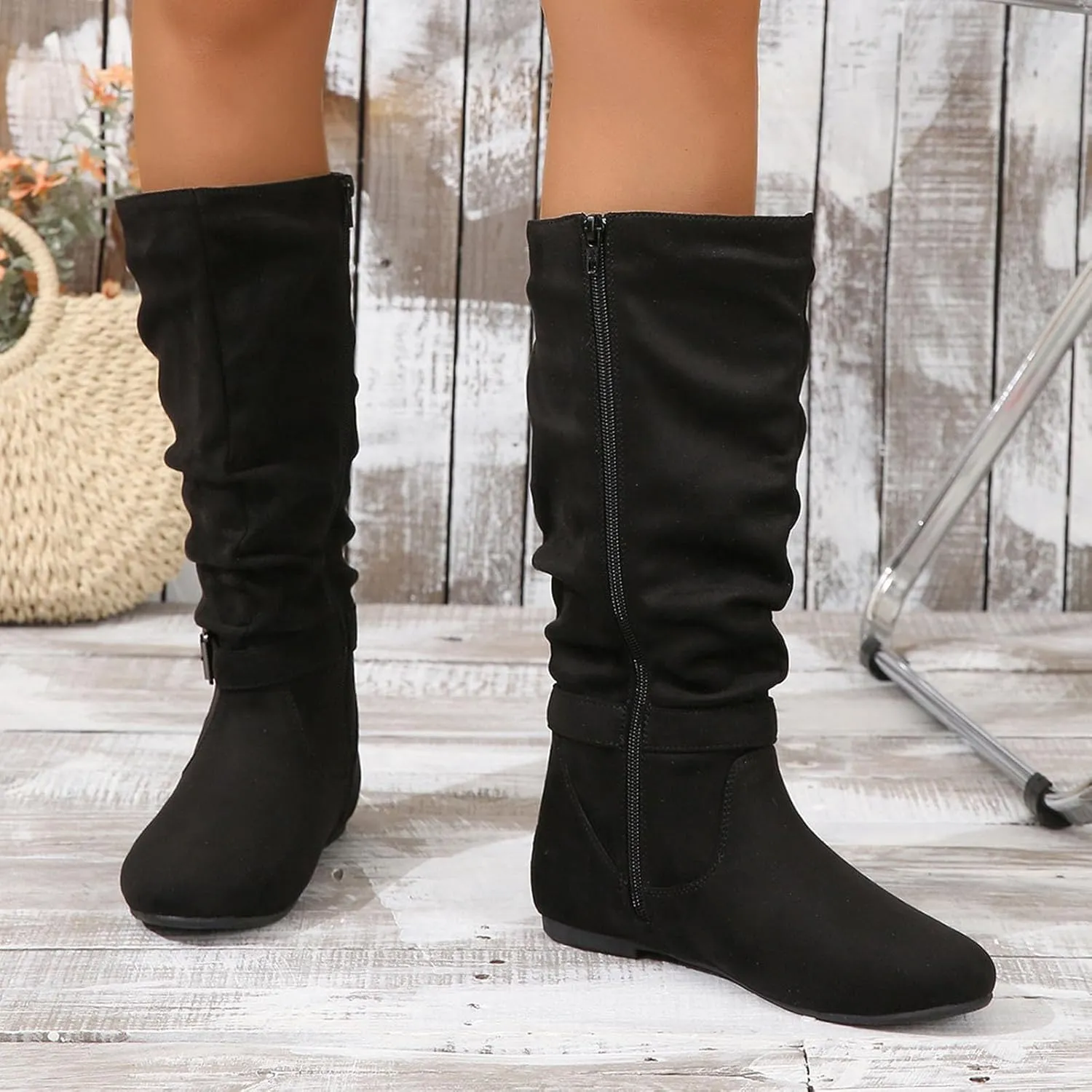 Women's Slouchy Mid Calf Boots Zip up Flat Boots Pointed Toe Faux Suede Knee High Boots Comfortable Pull On Fall Weather Boots Metal Buckle Calf Boot Fashion Long Boots with Metal Buckle