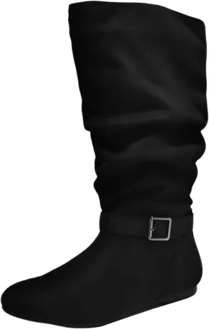 Women's Slouchy Mid Calf Boots Zip up Flat Boots Pointed Toe Faux Suede Knee High Boots Comfortable Pull On Fall Weather Boots Metal Buckle Calf Boot Fashion Long Boots with Metal Buckle
