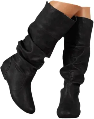 Women's Slouchy Mid Calf Boots,Womens Mid-Calf Boots Knee High Pull on Fall Weather Slouchy Flat Boots Low Hidden Wedge Boots Vintage Roman Shoes Ruched Leather Booties Long Tall Boots