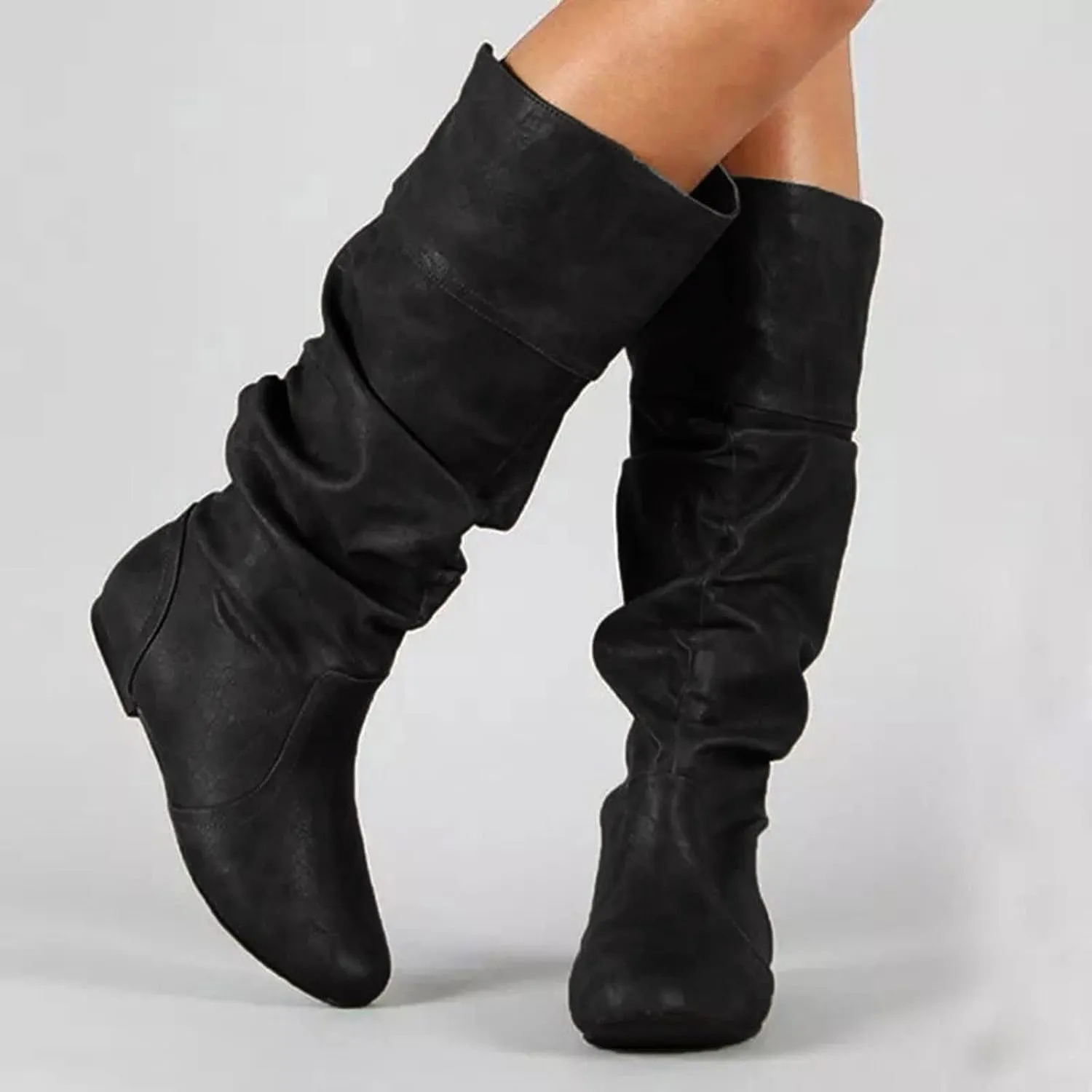 Women's Slouchy Mid Calf Boots,Womens Mid-Calf Boots Knee High Pull on Fall Weather Slouchy Flat Boots Low Hidden Wedge Boots Vintage Roman Shoes Ruched Leather Booties Long Tall Boots
