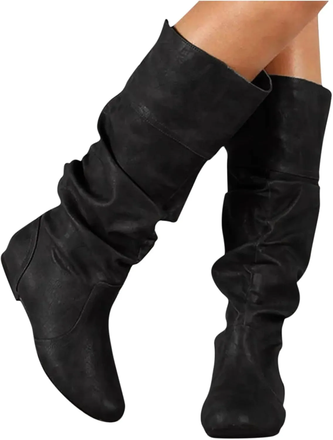 Women's Slouchy Mid Calf Boots,Womens Mid-Calf Boots Knee High Pull on Fall Weather Slouchy Flat Boots Low Hidden Wedge Boots Vintage Roman Shoes Ruched Leather Booties Long Tall Boots