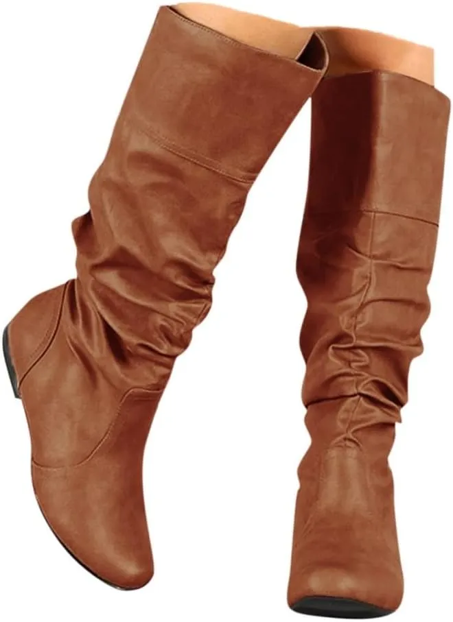Women's Slouchy Mid Calf Boots,Womens Mid-Calf Boots Knee High Pull on Fall Weather Slouchy Flat Boots Low Hidden Wedge Boots Vintage Roman Shoes Ruched Leather Booties Long Tall Boots