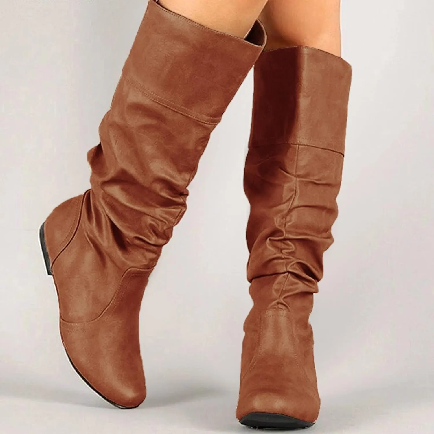 Women's Slouchy Mid Calf Boots,Womens Mid-Calf Boots Knee High Pull on Fall Weather Slouchy Flat Boots Low Hidden Wedge Boots Vintage Roman Shoes Ruched Leather Booties Long Tall Boots
