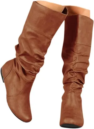 Women's Slouchy Mid Calf Boots,Womens Mid-Calf Boots Knee High Pull on Fall Weather Slouchy Flat Boots Low Hidden Wedge Boots Vintage Roman Shoes Ruched Leather Booties Long Tall Boots